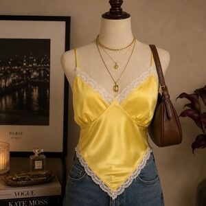 Fashion Nova Cami Top Womens L Yellow Satin Lace Handkerchief Hem Coquette Y2K